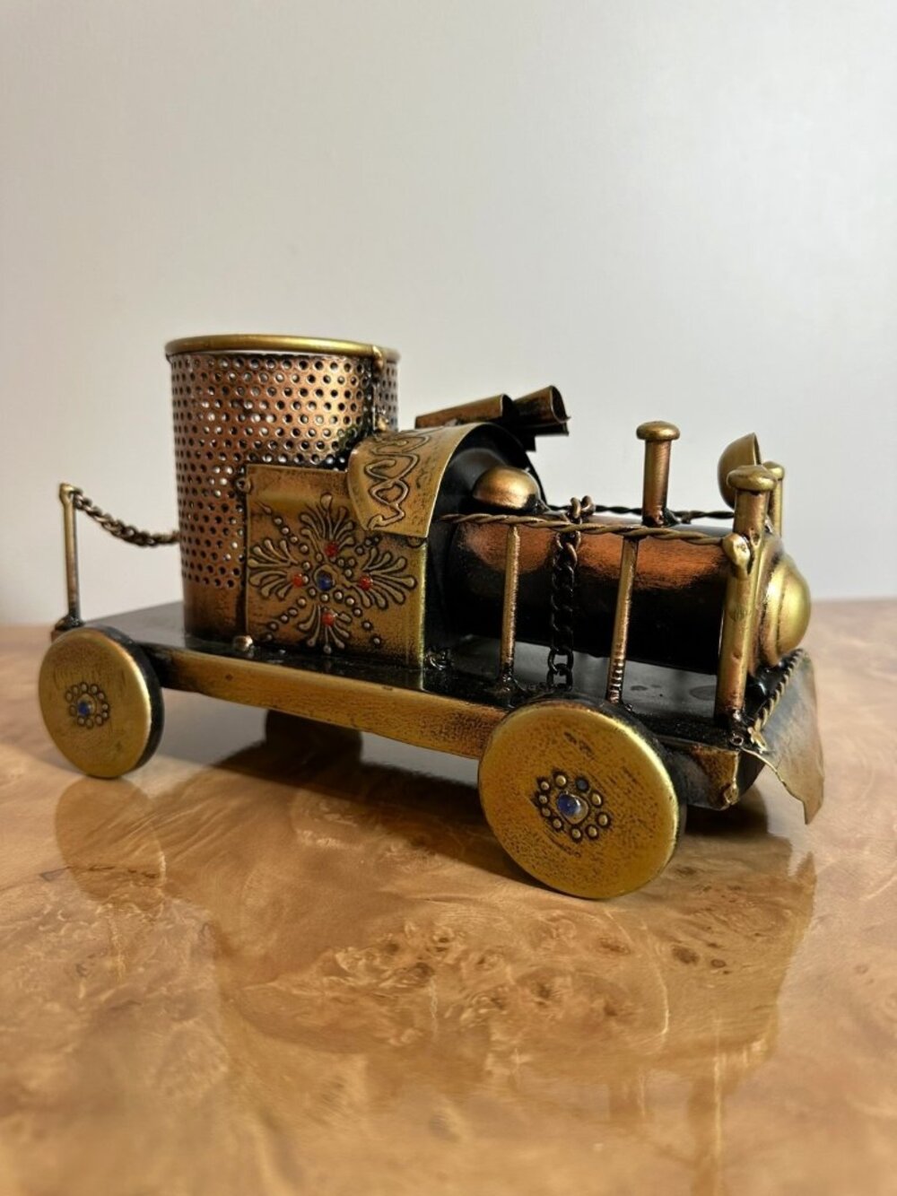 Vintage Copper Brass Train Pencil Cup Pen Holder Jeweled Locomotive Desk Decor